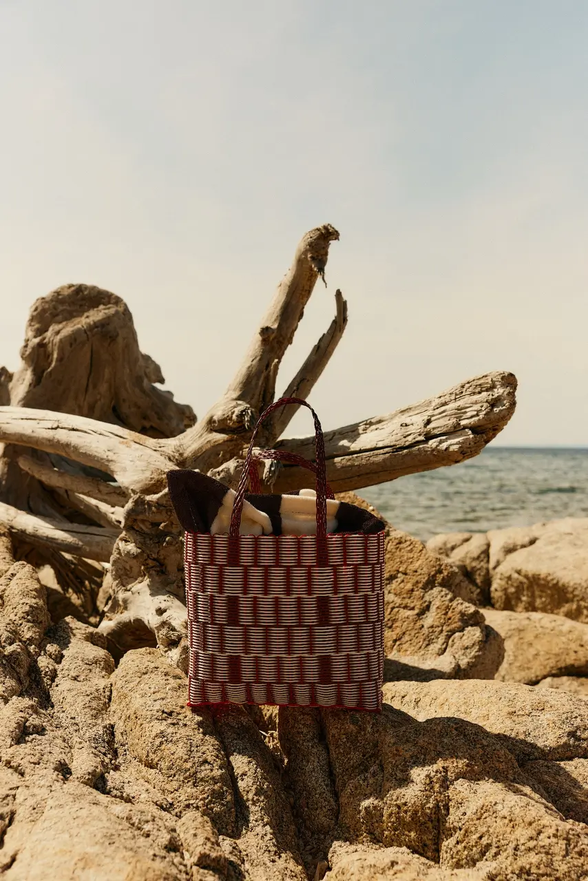 Striped woven bag resting beside driftwood on a rocky coast